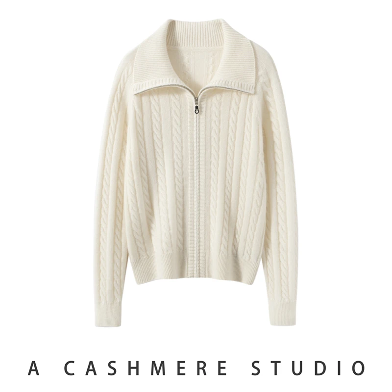 100% Cashmere Thickened Cable Lapel Pullover Half Zip Classic Casual Women Sweater Autumn Winter Fashion Versatile Knitwear