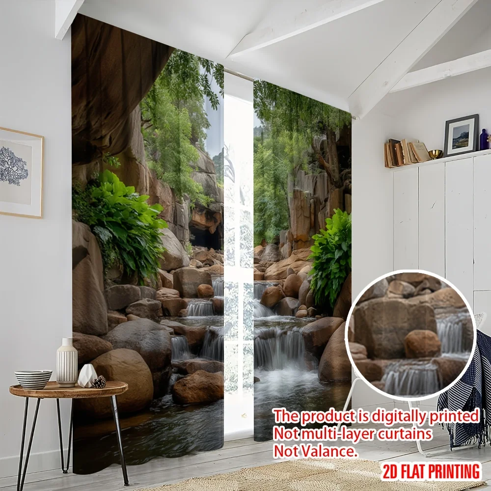 2pcs Mountain Stream Waterfall Curtains Nature Landscape Print Blackout Drape Living Room Bedroom Window Treatment