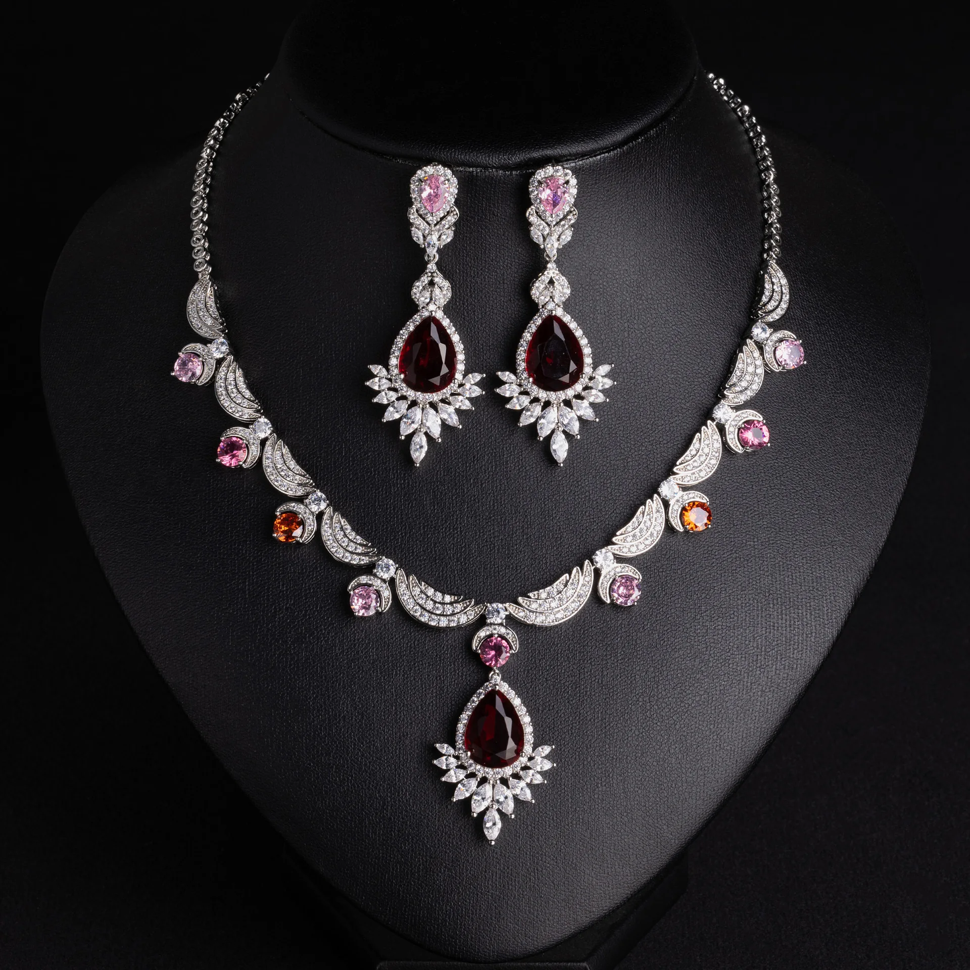 High-End Heavy Duty Colorful Teardrop Zircon Jewelry Set Pigeon Blood Red Pink Orange Contrast Design Bridal Banquet Gift For Wo