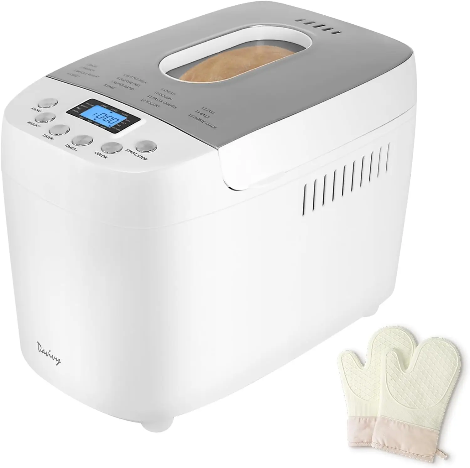

3.3LB Bread Maker – 15-in-1 Automatic Bread Machine with Silicone Baking Gloves, Dual Kneading Paddles, Nonstick Pan, 15-Hour