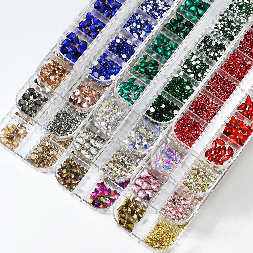 12 グリッド 3D 混合形状ネイルアートラインストーンゴールド/AB/クリア/レッドヒラタガラスダイヤモンドネイルチャーム DIY ネイルアート装飾宝石