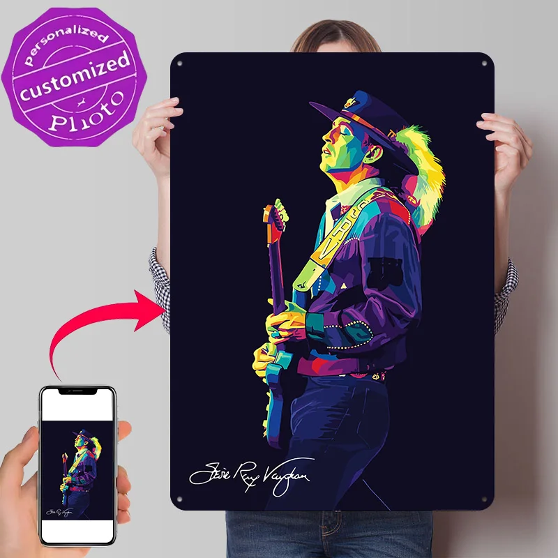 Stevie Ray Vaughan Pop Art Portrait Personalized 3D Textured Metal Poster Wall Art Tinplate Sign for Office Decor Room Wand Deko
