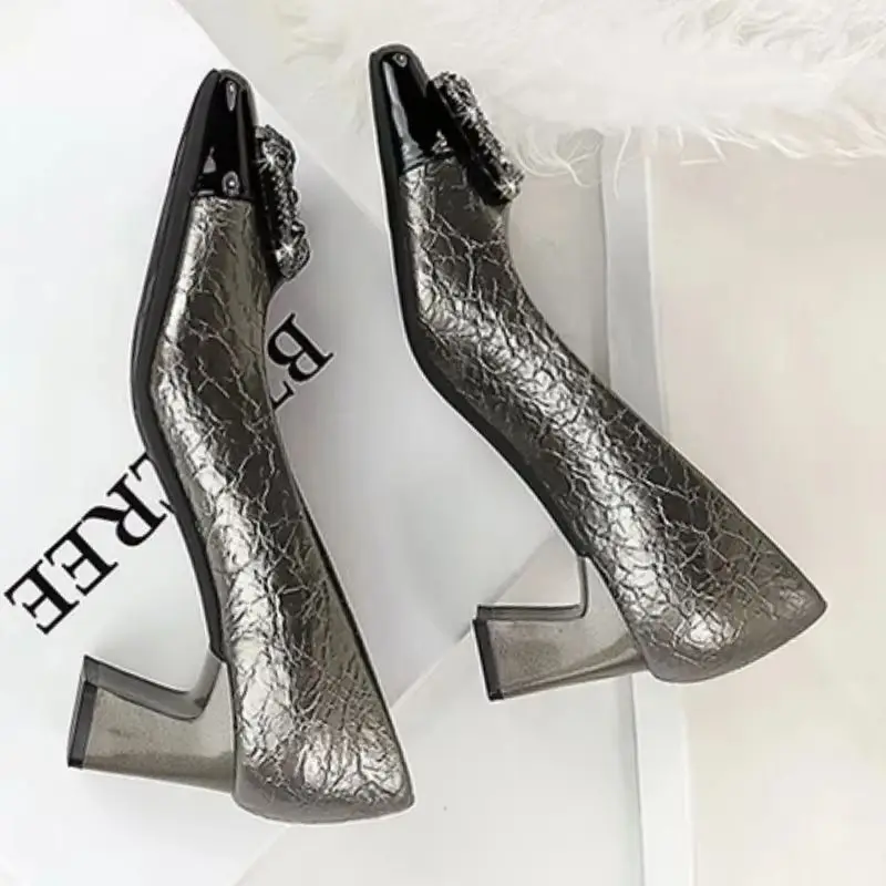 

BIGTREE модные женские туфли-лодочки с кристаллами и пряжкой, квадратная женская обувь для стриптиза на среднем каблуке, вечерние, банкетные, Zapatos Mujer