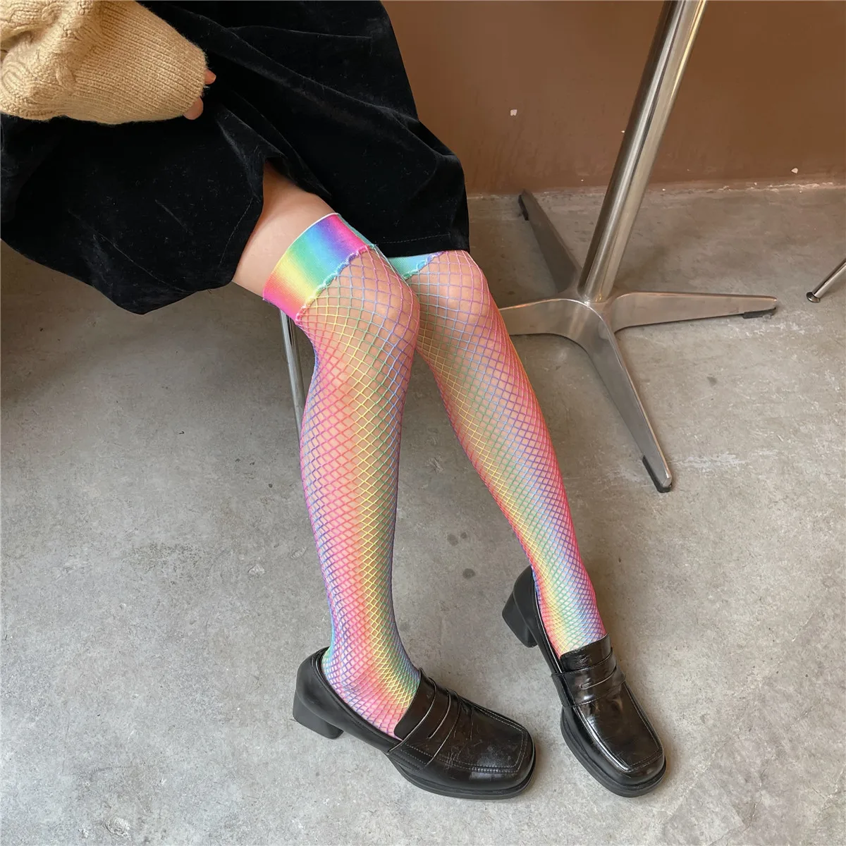 High Quality Spring Summer Fashion Rainbow Color Woman Mesh Over Knee Socks Colorful Y2K Thigh Mesh Socks Long Fishnet Stockings