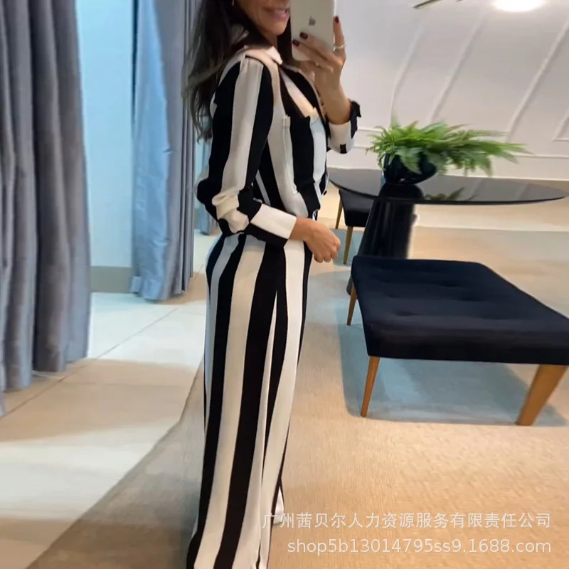 Two Piece Sets Women Striped Pants Set Elegant Turn Down Neck Full Sleeve Shirts Button High Waist Wide Leg Long Pants Casual