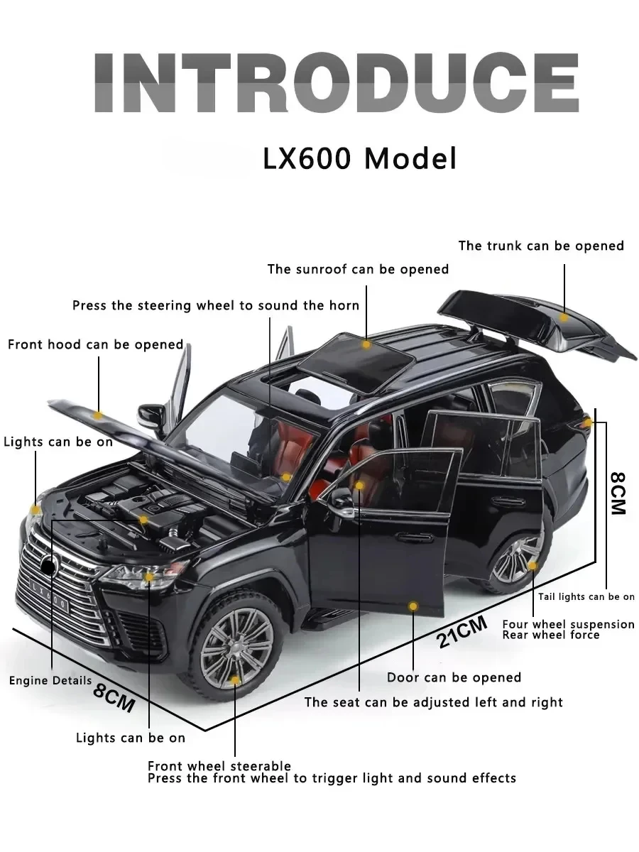 1:24 Alloy Car Model Sound And Light Pull Back Toy Car Off-Road Vehicle Simulation for Lexus Lx600 Boy Collection Decoration