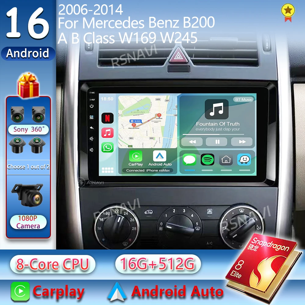 Android 16 For Mercedes Benz W169 W245 B200 W906 Sprinter W639 2K QLED Stereo Car Radio Multimedia Video Player GPS 4G CarPlay