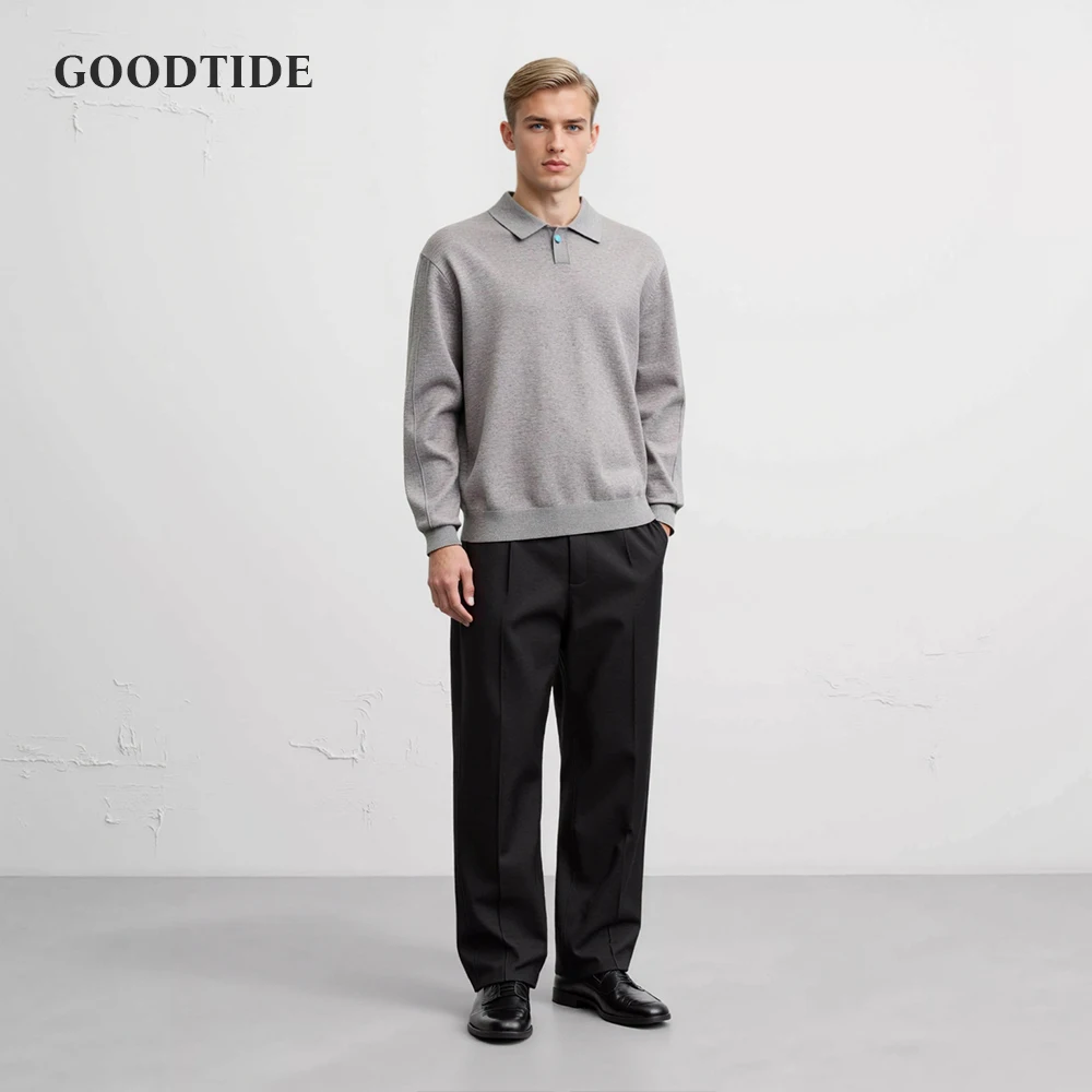 Casual Grey Long Sleeve Polo Shirt Men's Loose Fit Spring Autumn New Style American Fashion Sweatshirt Casual Wear Top Male