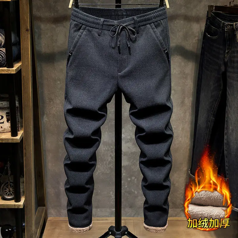 Corridores esportivos de pelúcia masculina, comprimento total, calça elástica na cintura, cordão espesso, casual, moda coreana, outono e inverno