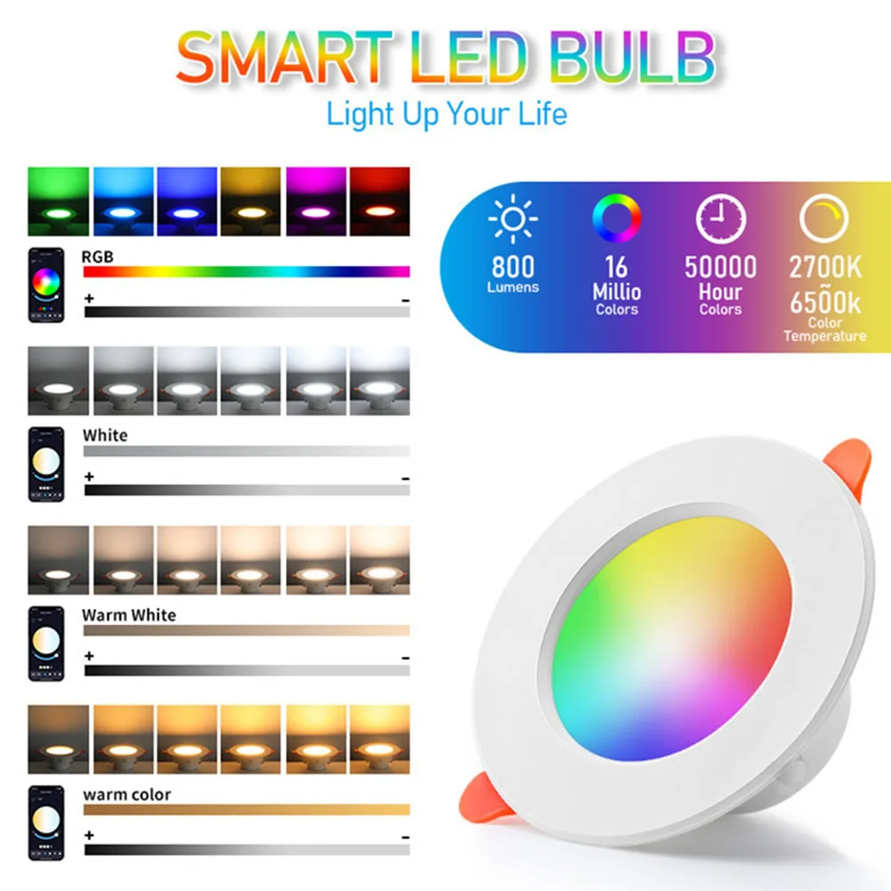 

Умный светодиодный потолочный светильник 10 Вт, Bluetooth-совместимый RGB умный прожектор 2700–6500 К, встраиваемый светильник для декора гостиной, спальни