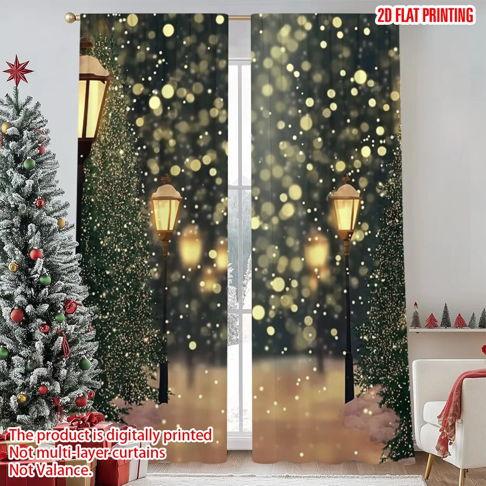 

2pcs 2D flat printing Merry Christmas Drapes Winter Pine Street Lights Outdoor Snow Scenery Durable 100% Polyester Fabric