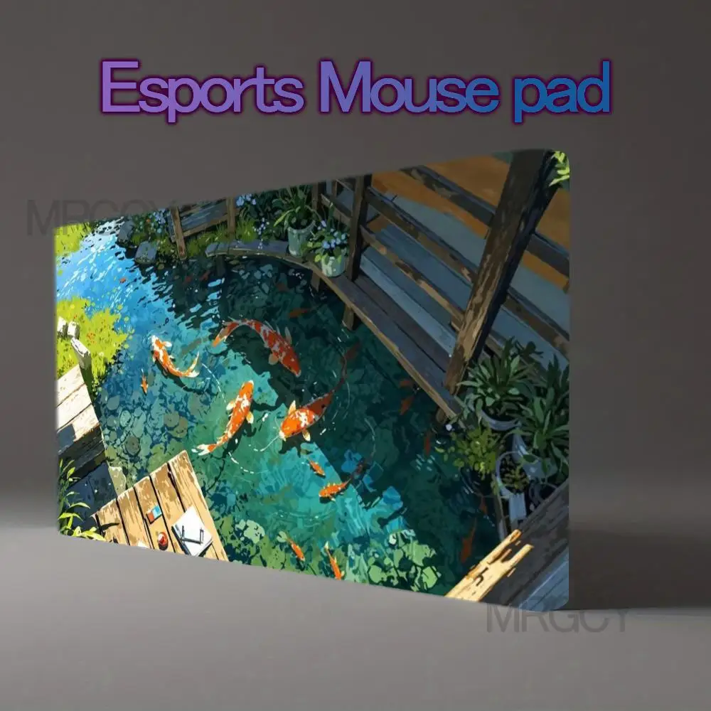 Anime Japanese Garden Koi Fish Pond Large Gaming Desk Mat Smooth Surface Non-Slip Rubber Base Mouse Pad Waterproof Wear-resistan