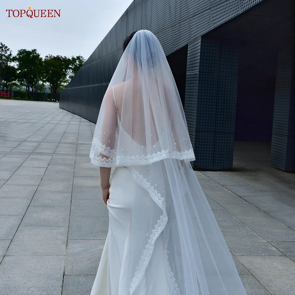 TOPQUEEN V164 Real Photos Wedding Veil 2 Layers Sequins Lace 3 Meters Cathedral Length Bridal Veil Blusher Veil Cover Face