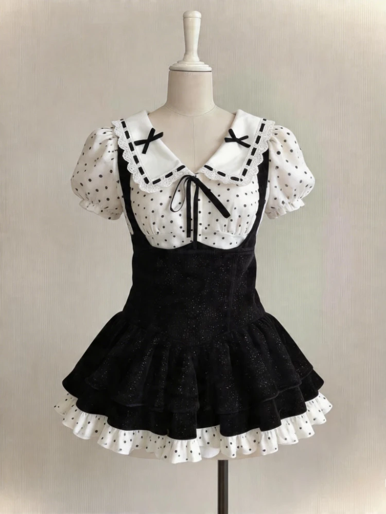 

Summer Polka Dot 2 Piece Dress Set Women Short Sleeve Blouse + Suspender Skater Dress Sweet Girl Slim Fit Cute Chic Outfit New