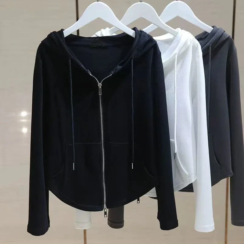 Hoodies Women Slim High Street Harajuku Fashion Hooded All-match Simple Spring Long Sleeve Soft Leisure Female Ins Zip-up Design