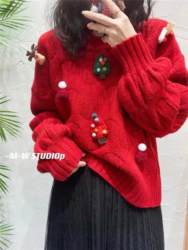 Sweet Girl New Fashion Christmas Red Sweater Holiday Decoration O Neck Twist Knit Pullover Long Sleeve Loose Casual Top Jumper