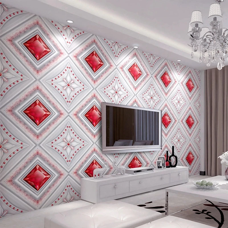 European Luxury Wallpaper 3D Red Jewelry Tiles Photo Mural Paper for Wall Ceiling Home Decor Living Room TV Backdrop Canvas