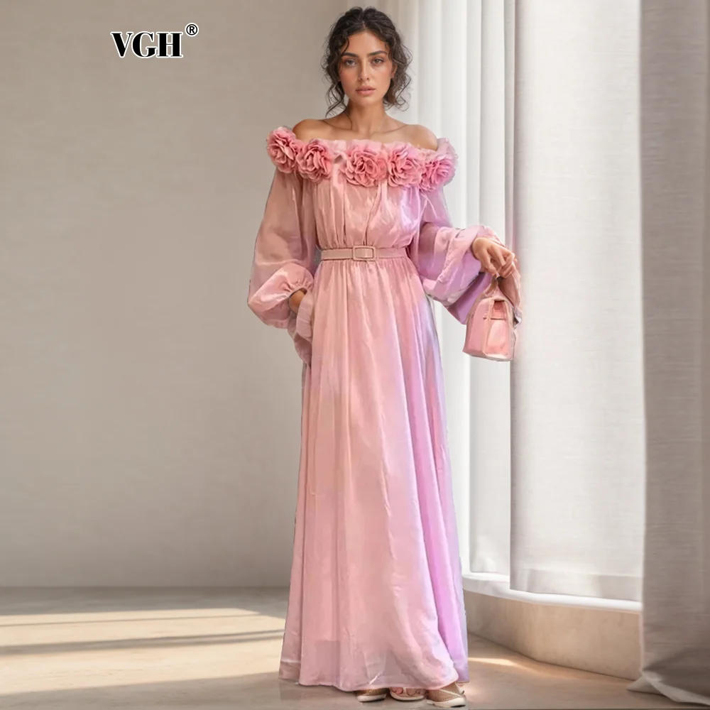 

VGH Solid Patchwork Appliques Dresses For Women Slash Neck Long Sleeve High Waist Spliced Belt Chic Dress Female New