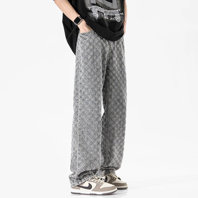 Summer Loose Jeans Men's Jacquard Embroidery Fashion Y2K Retro Street Trend Straight Leg Teenagers Mop Trousers