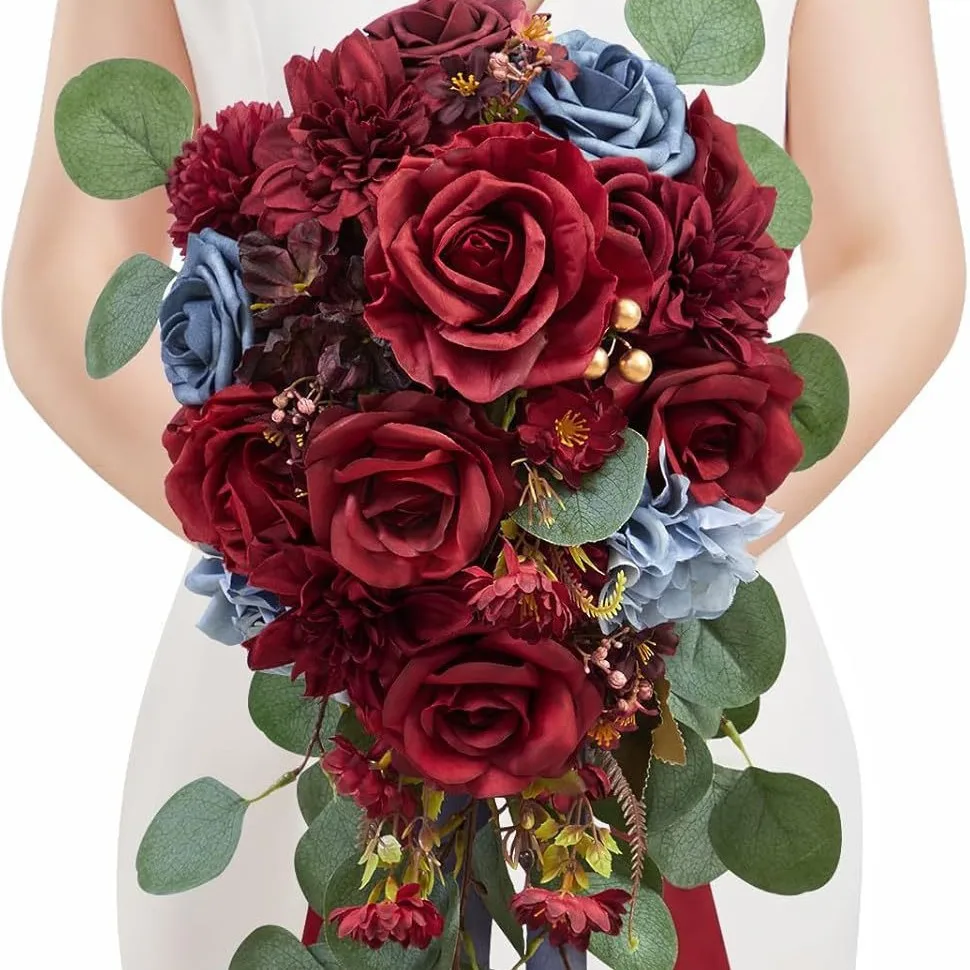 

Rustic Cascading Wedding Bouquets for Bride Purple Pink Artificial Flower Waterfall Bridal Bouquet for Wedding Ceremony