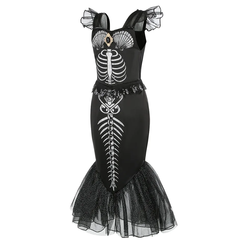 2024 Halloween Mermaid Skeleton Costume for Littler Girls Gothic Princess Trumpet Dress Black Ariel Siren Cosplay Apparel Frock