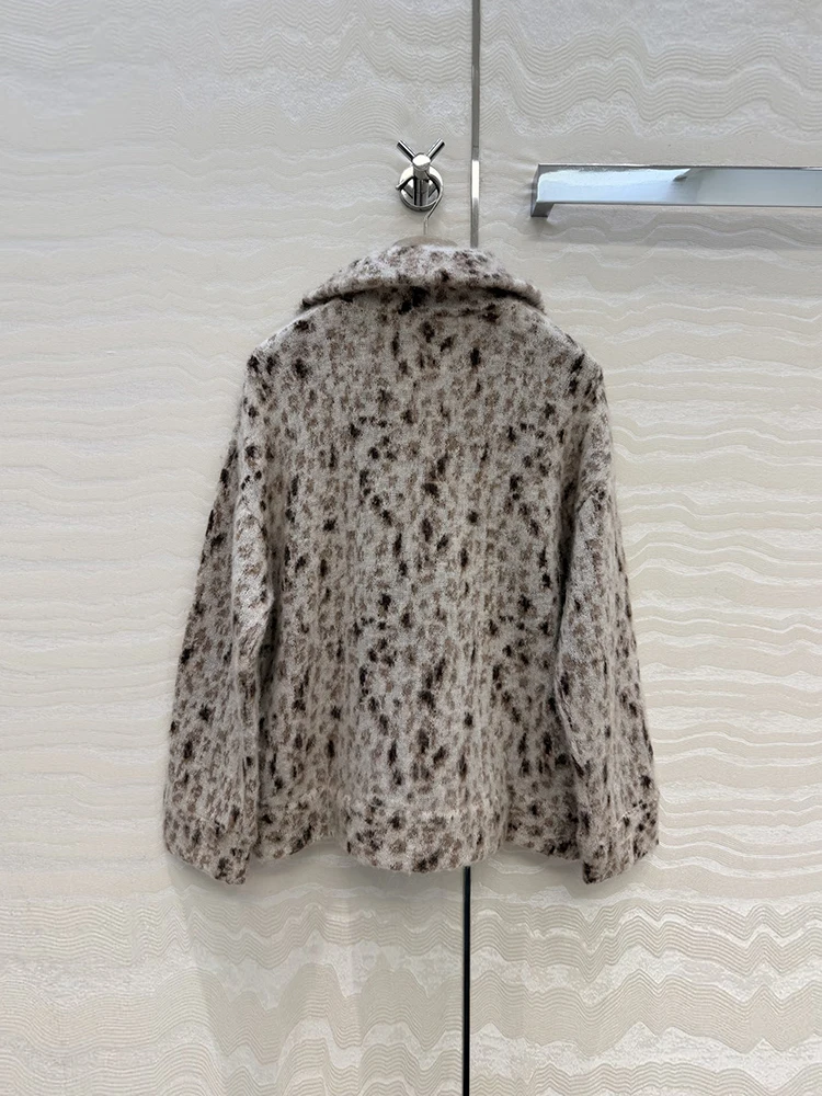 Spring Autumn Fashion Lynx Speckle Pattern Vintage Casual Jacket Women's Stand Collar Double Zipper Loose Long Sleeve Jacket