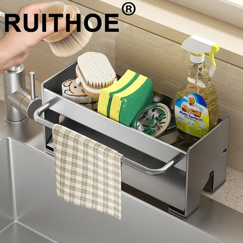 

Stainless Steel Sink Sponge Holder, Soap Drainer & Towel Rack, Kitchen Organizer Shelf for Sink, Bathroom Storage Accessory