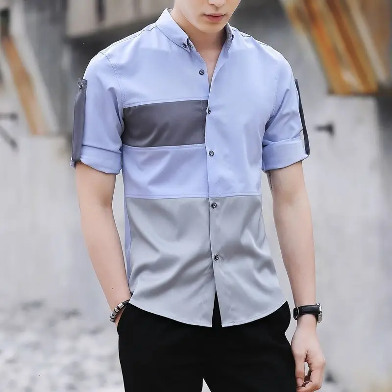 2024 New Summer Casual Business Korean Version Trendy Lapel Plaid Color Block Loose and Simple Short Sleeved Ice Silk Shirt