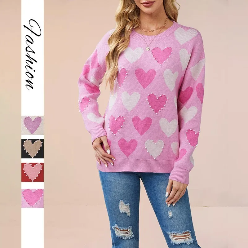 

Женские повседневные свитера, удобные модные свободные свитера с узором в форме сердца, с длинными рукавами и круглым вырезом, для женщин, весна-осень