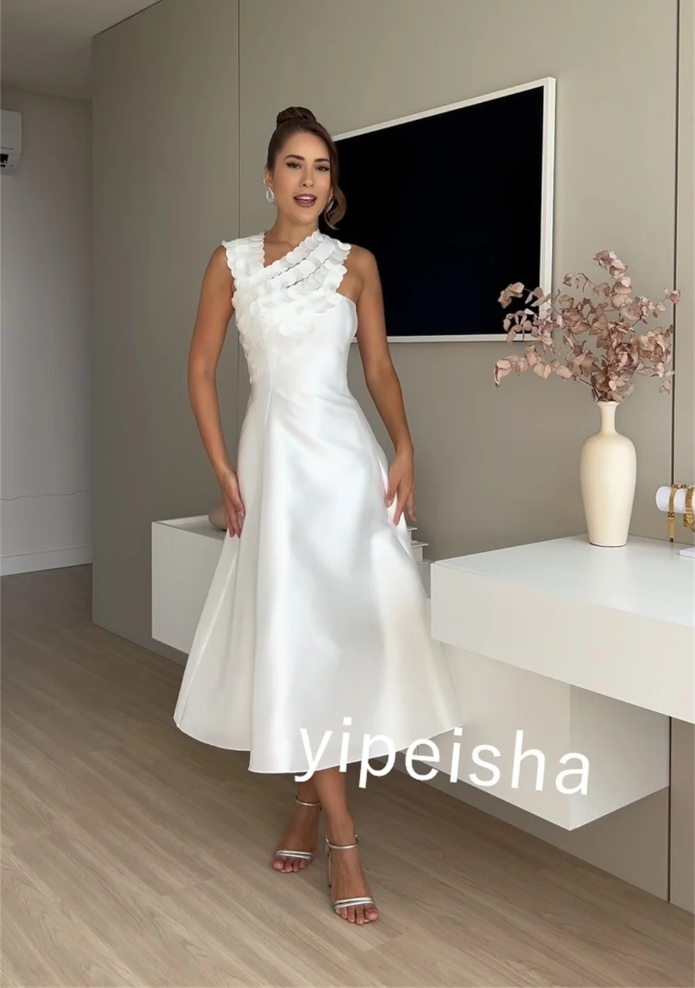 Cetim plissado festa A-Line Halter Dress, Bespoke Ocasião Vestido, Vestidos Midi