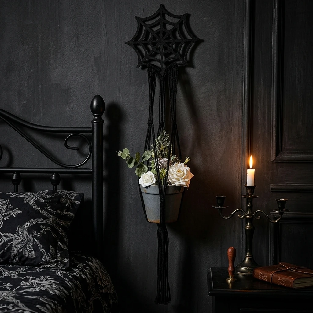 Bohemian Black Woven Wall Basket Gothic Style Hanging Organizer Rack for Bedroom Living Room