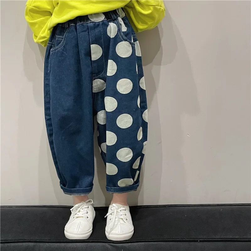 

Children's Clothing Children's Pants 2025 Spring Clothing New Korean Polka Dot Jeans Foreign Style Baby Matching Casual Pants