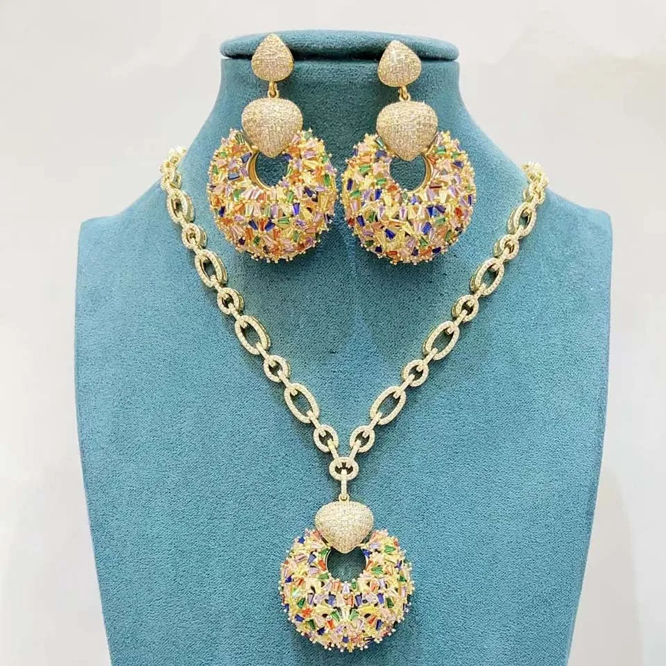 Zlxgirl full Mixed colorful Cubic Zircon Bridal Necklace and Earring jewelry set for women's anniversary bijoux fine couple gift