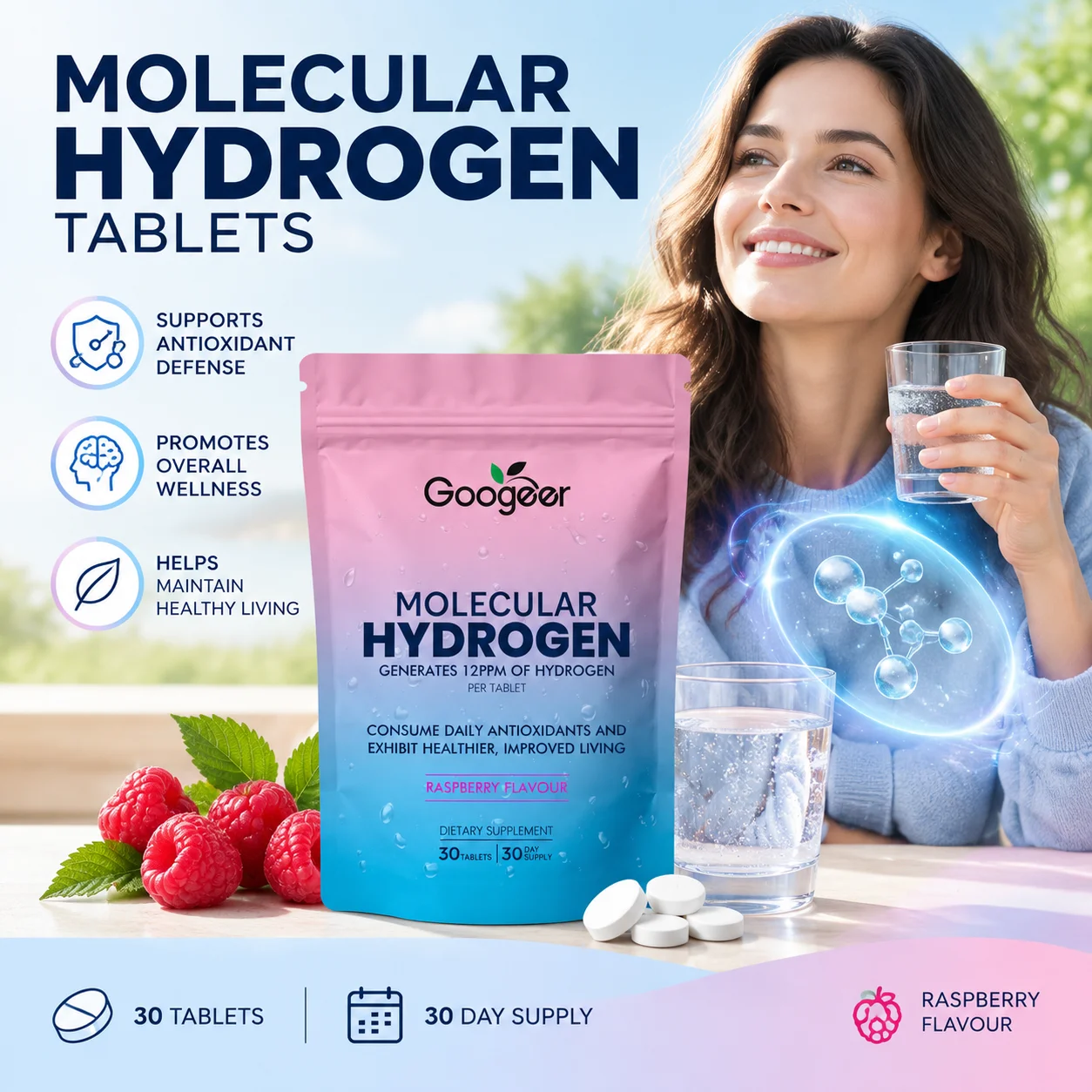 Googeer Molecular Hydrogen Tablets 12PPM Magnesium Supports Daily Antioxidant Supply Brain Energy State 30 Raspberry Flavor