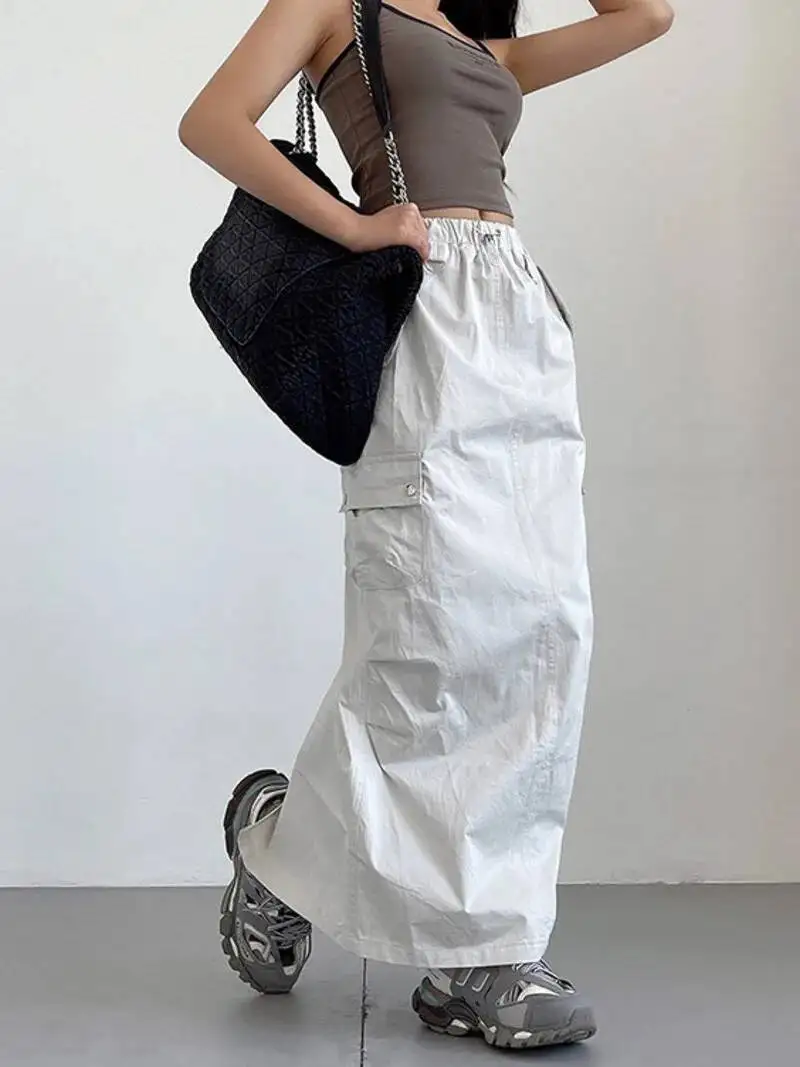 WOMENGAGA American Large Pocket Back Long Skirts Elastic Waist Straight Casual Half Length Skirt Casual Women 2023 New PSS4