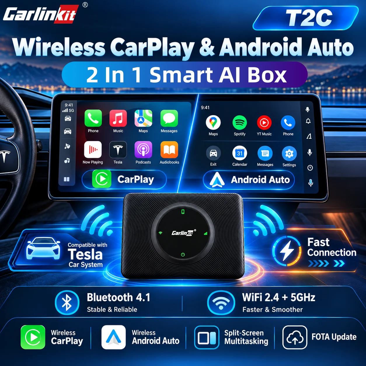 CarlinKit T2C 2026 Wireless CarPlay AI Box Android Auto Wireless 2 In 1 Smart Box For Tesla Model 3 Model Y X/S Smart Car Systems