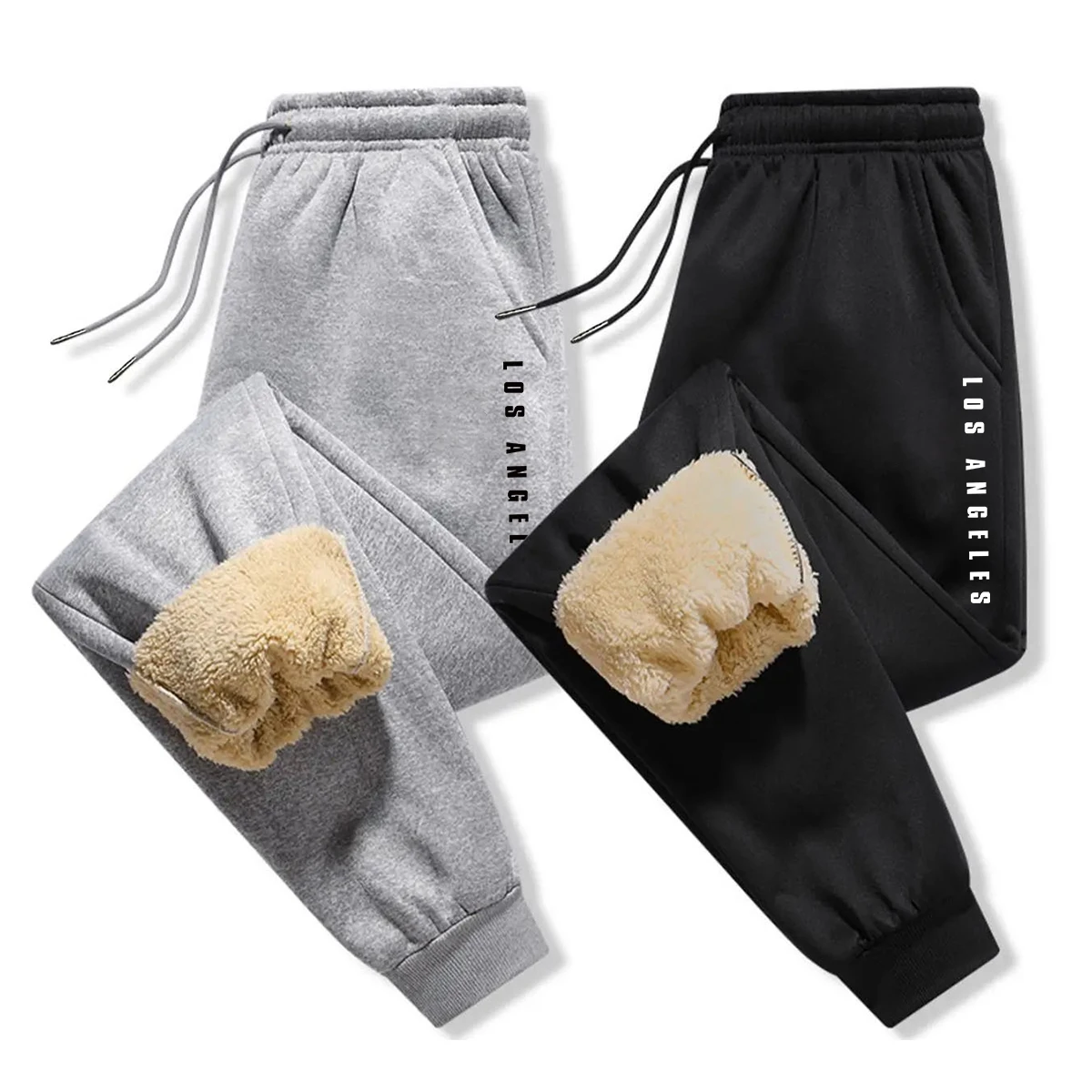 

Men's Black & Gray 2-Pack Casual Pants: Warm Fleece Lining, Drawstring Design for Casual Winter Wear