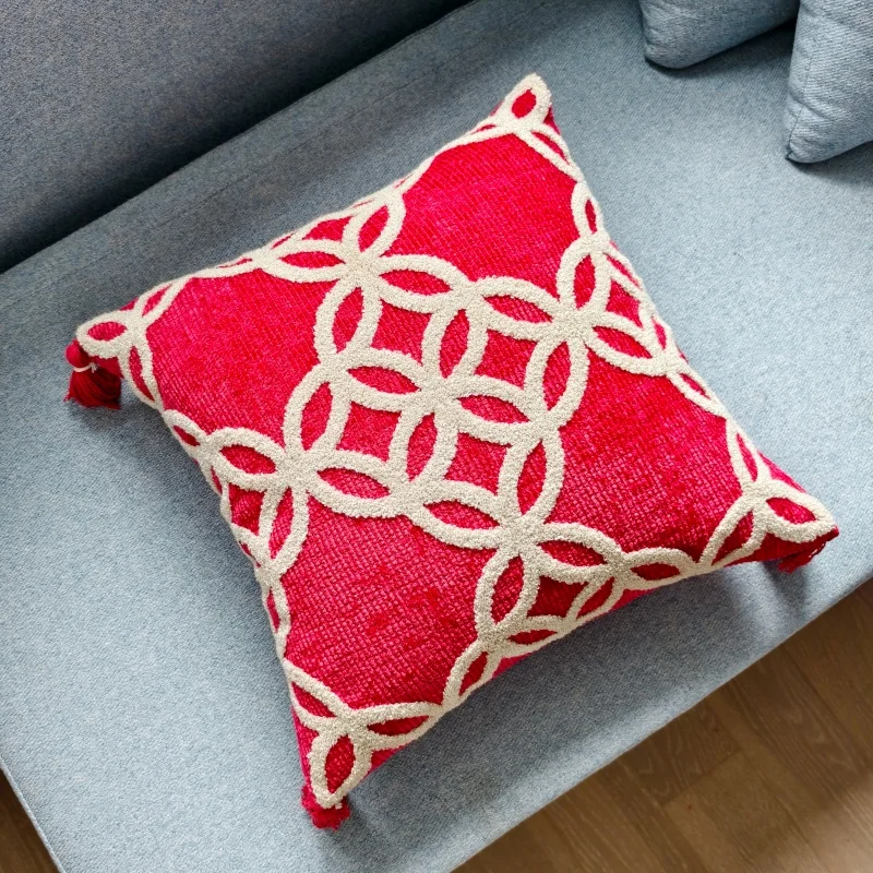 Red Soft Cushion Case Housewarming Decoration Geometric Tufted Tassel Throw Pillow Cover for Sofa Living Room 45x45cm