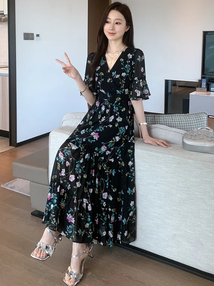 plus Size Women's Dr Slimming Floral Chiffon Summer New Long Skirt V-Ne ort Sve Belly Cover Commute Sle Polyester...