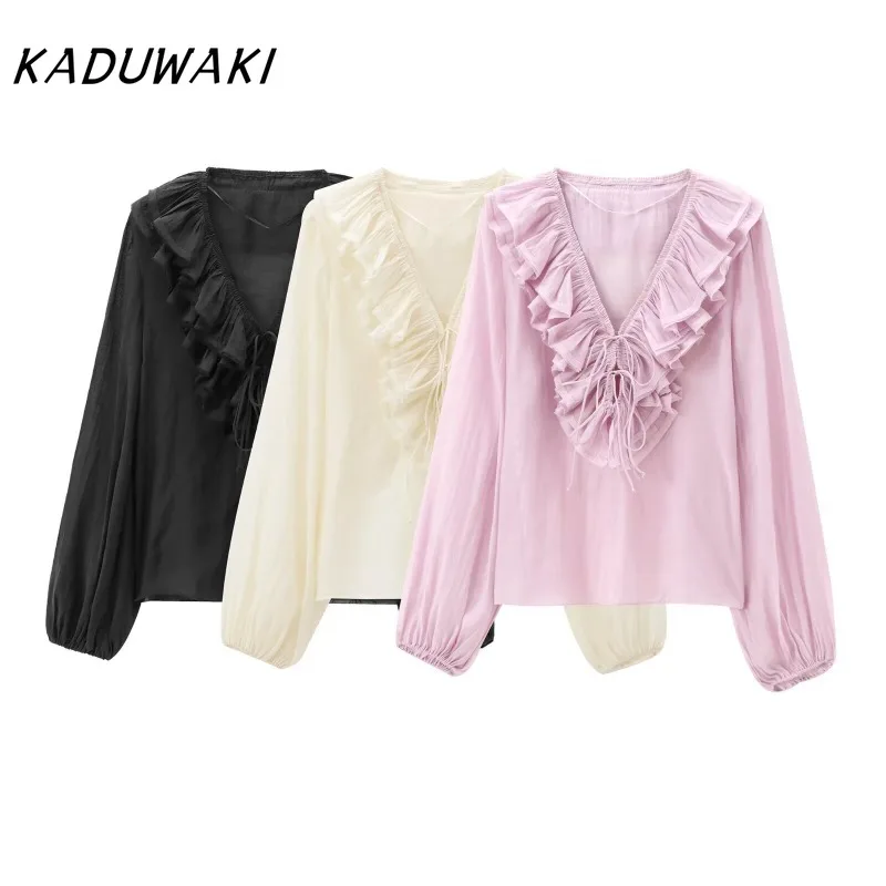 KADUWAKI Spring New Product Women's Fashion Leisure Versatile V-neck Bow Tie Up Hoodie Stacked Decorative Long Sleeve Y2K Shirt