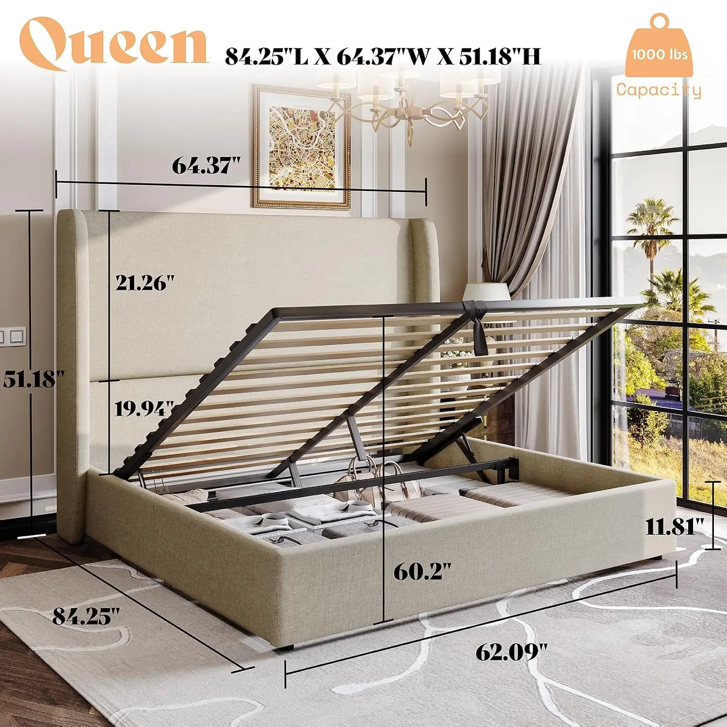 Lift Up Storage Bed Queen Size Linen Upholstered Platform Bed Frame, Hydraulic Storage,Modern Wingback Headboard, No,Custom
