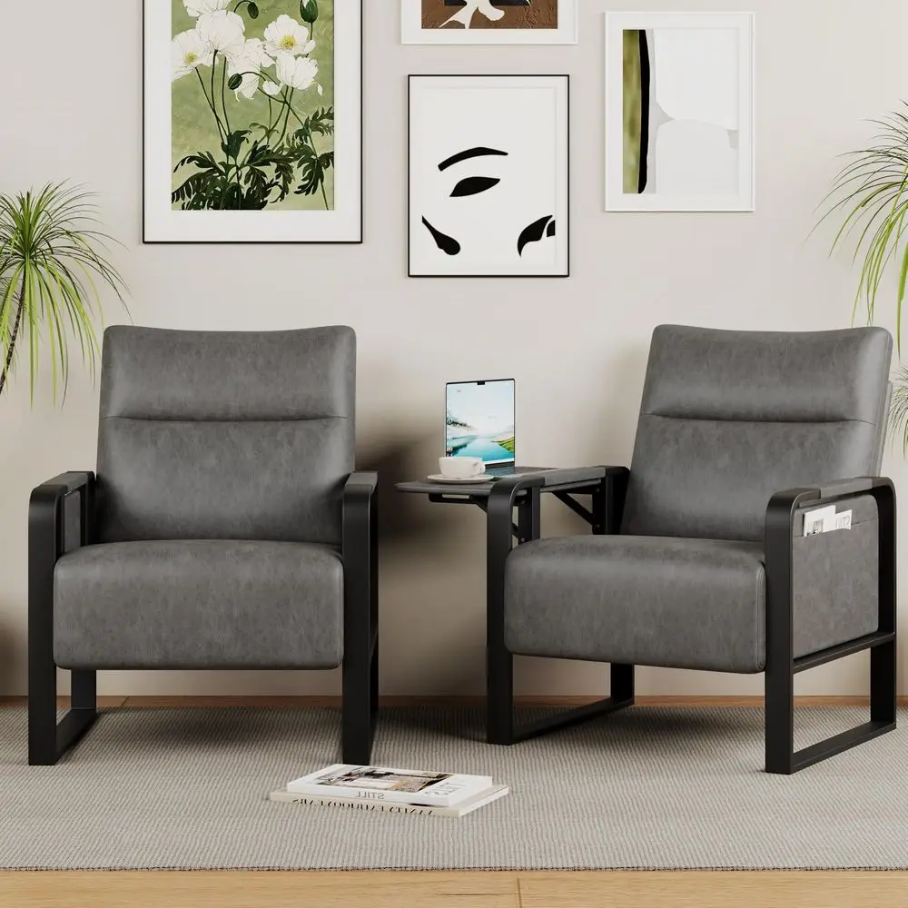 

Living Room Chair Armchair, Mid Century Faux Leather Metal Accent Chair, Reception Couch Office Guest Chair Slipper Club Lounge