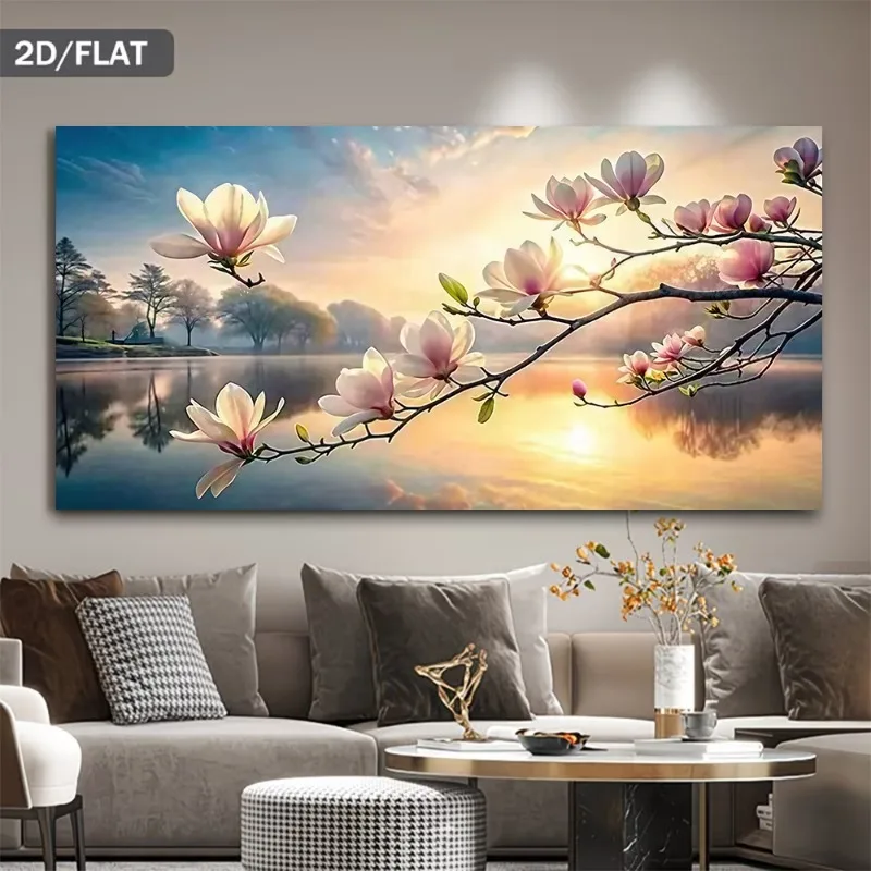 

2D Flat Frameless Canvas Art, Elegant Blooming Pink Flowers Lake Reflection Abstract Art, for Living Room, Bedroom, Office Decor