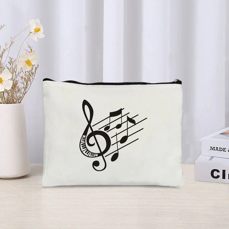 2023 Trendy Music Note Make Up Bag Women Travel Perfume Lipstick Organizer White Eco Canvas Cosmetic Pouch Toiletry Bag Purse