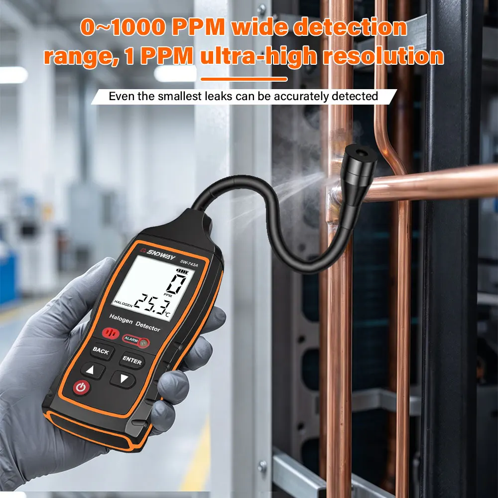 Halogen Leak Detector SW-743A 0-1000PPM Waterproof LCD Backlight Quick Response For R22 R32 R134a Freon Gas HVAC