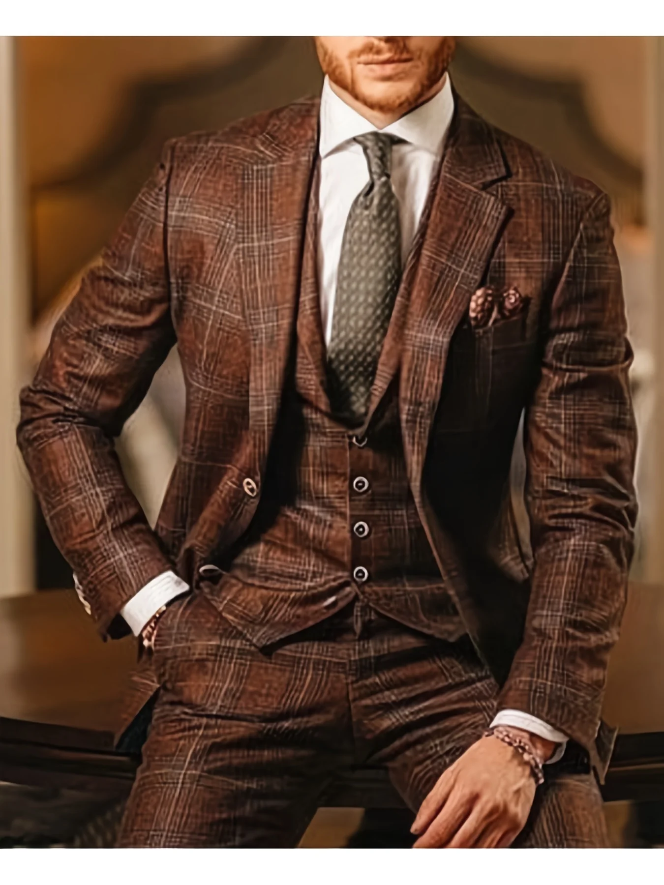 Men's Vintage Plaid Slim Fit Blazer, Classic Brown Check Pattern Notch Lapel Suit Jacket, Elegant Professional Outerwear for Bus