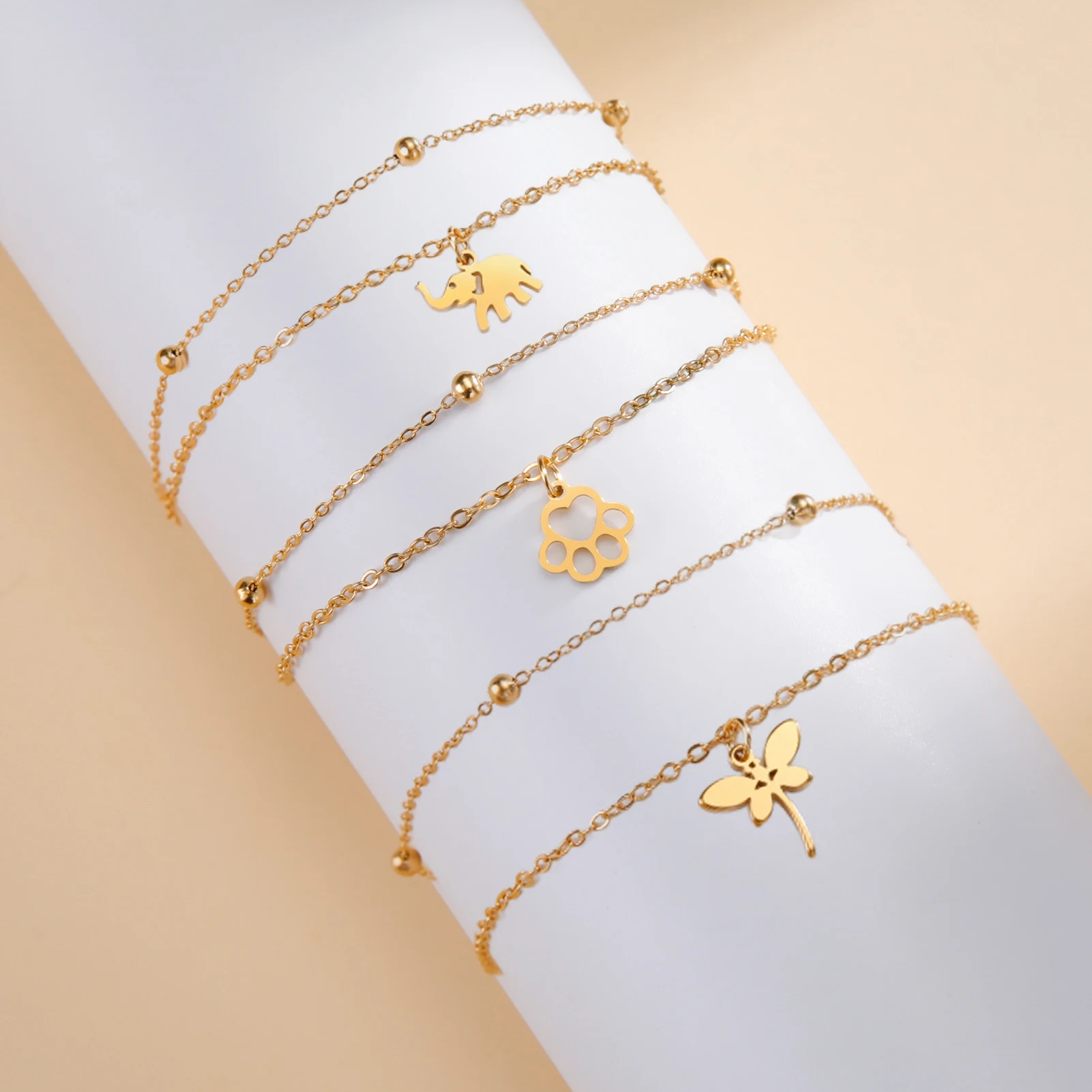 Skyrim Животное Шарм Двухслойный Бисер Цепи Браслет Нержавеющей Стали Лапа Слона Стрекоза Браслеты Ювелирные Изделия Для Женщин Девушка