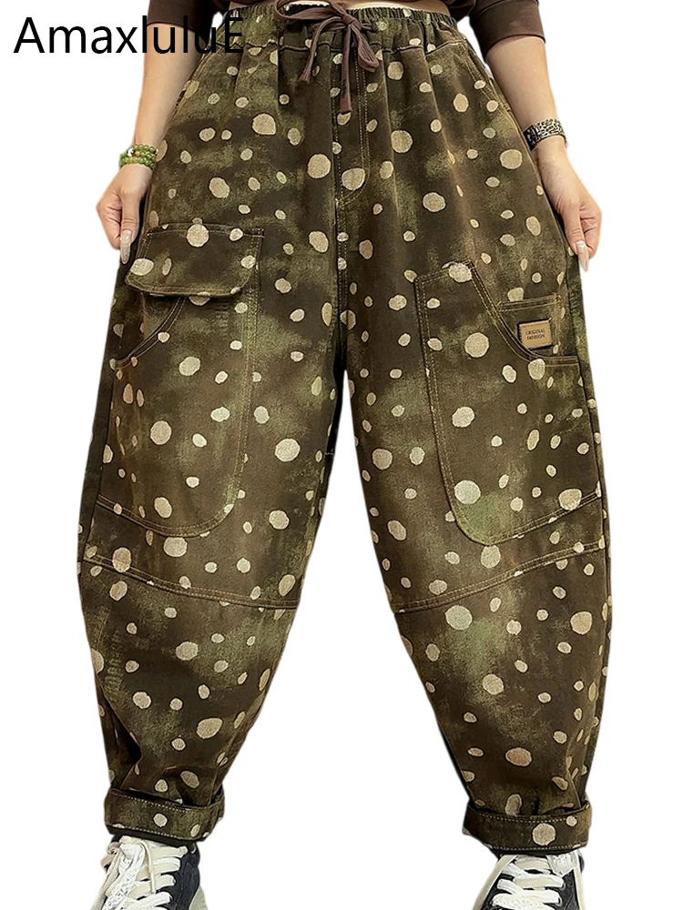 

Amax LuluE женские осенние винтажные джинсовые брюки в горошек модные свободные джинсы с принтом женские повседневные классические шаровары с эластичной резинкой на талии