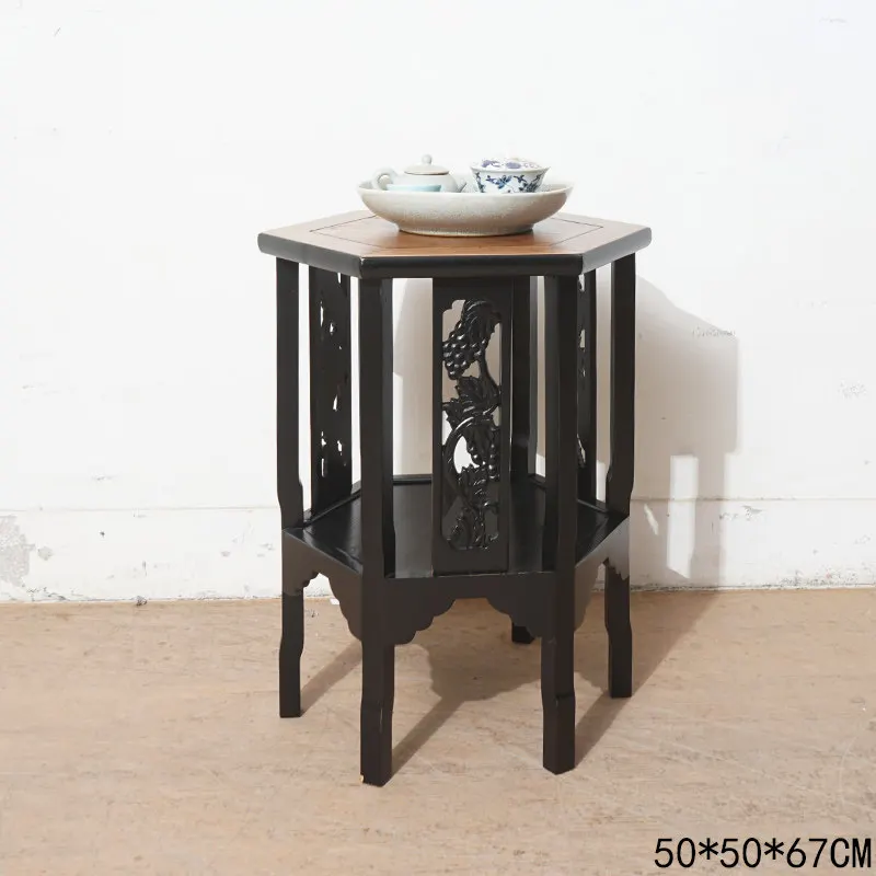 New Chinese-style solid wood coffee table, living room, household sofa edge, carved hollow small apartment storage table