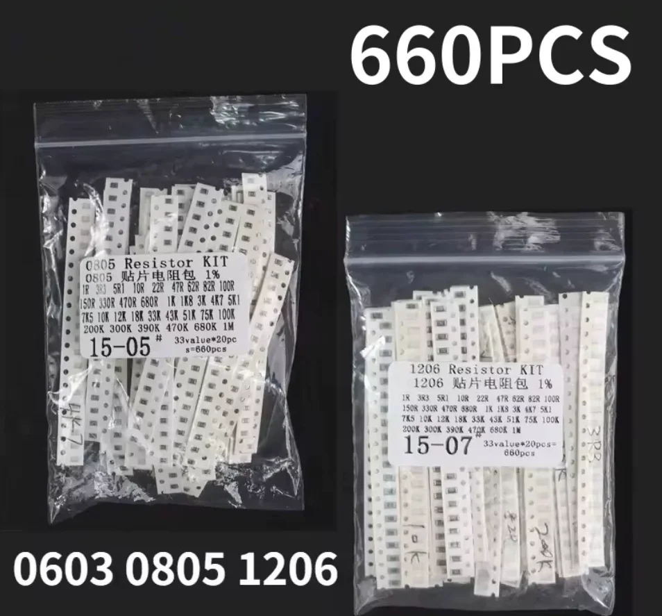 1206 0805 0603 33valuesX 20pcs=660pcs Sample Kit  SMD Resistor Kit Assorted Kit 1ohm-1M Ohm 1% 1K 10K 2.2K 3R3 5R1 10R 22R 4K7